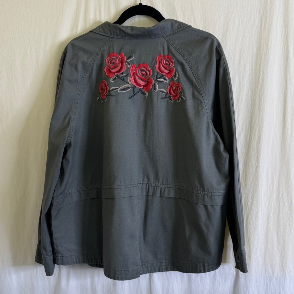 Style & Co. Embroidered Floral/Roses Print Green Denim Jacket Women's Size XL